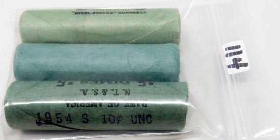3 Rolls Unc/BU Roosevelt Dimes marked: 1954S, 1956P, 1958