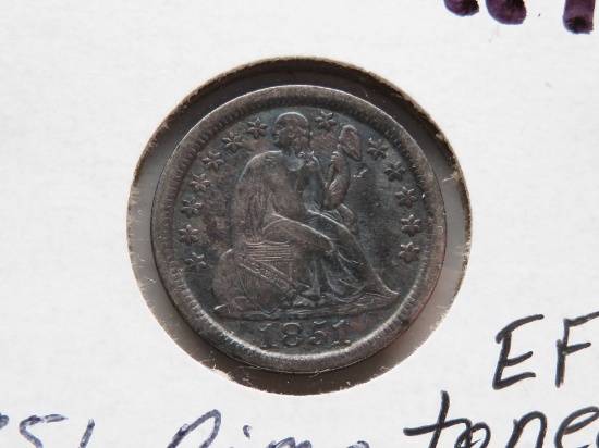 Seated Liberty Dime 1851 EF toned, ?lightly cleaned