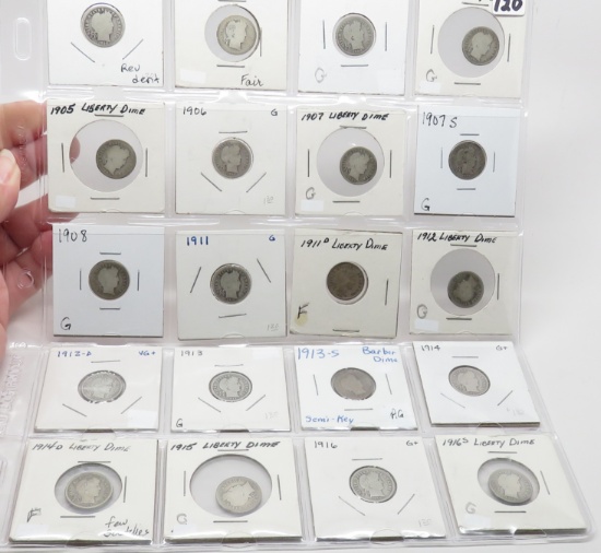20 Barber Dimes, avg G few problems: 1898, 99-O, 00S, 01, 05, 06, 07PS, 08, 11PD, 12PD, 13PS better
