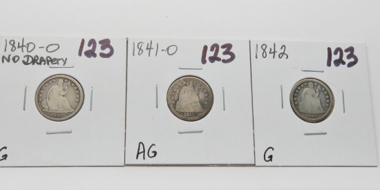 3 Seated Liberty Dimes: 1840-O G, 1841-O AG, 1842 G