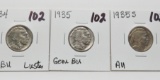 3 Buffalo Nickels: 1934 CH BU luster, 1935 Gem BU, 1935S AU