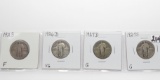 4 Standing Liberty Quarters: 1923 F, 26D VG, 27D G, 27S G