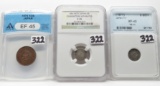 3 Japanese Coins: 1/2 Sen 1875 ANACS EF45; 2 Silver 5 Sen (1873 NGC F15 Characters Separated, 1877 N