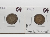 2 Indian Cents better dates: 1861 F, 1863 EF weak 
