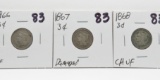 3 Nickel 3 Cent: 1866 VF, 1867 damage, 1868 CH VF