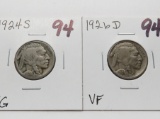 2 Buffalo Nickels better dates: 1924S VG, 1926D VF
