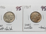 2 Buffalo Nickels Unc luster: 1926 matte finish, 1927 toning