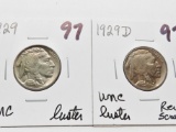 2 Buffalo Nickels: 1929 Unc luster, 1929D Unc luster rev scratch better date