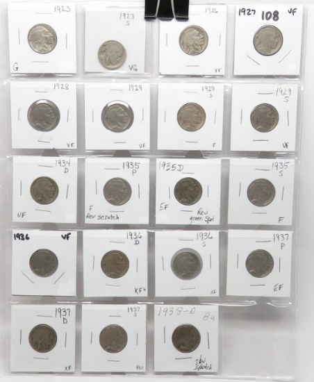 19 Buffalo Nickels: 1923 G, 23S VG, 26 VF, 27 VF, 28 VF, 29 VF, 29D F, 29S VF, 34D VF, 35 F, 35D EF
