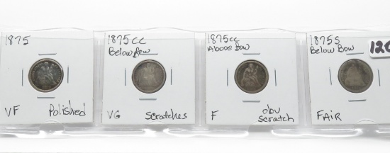 4 Seated Liberty Dimes: 1875 VF polished, 75CC below bow VG scrs, 75CC above bow F obv scr, 75S belo