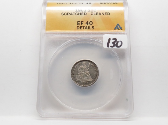 Seated Liberty Dime 1863 ANACS EF40 Details, Scratched, Cleaned