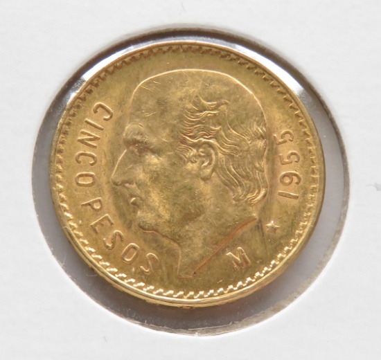 1955 Mexico Gold 5 Pesos Cinco Pesos Coin .1205 Troy Oz AGW .900 Fine