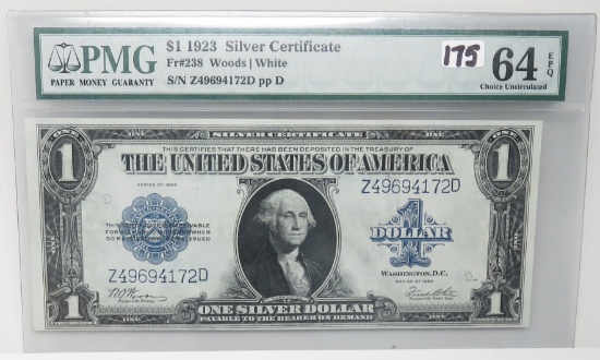$1 Silver Certificate 1923 "Horse Blanket", FR238, SN Z49694172D, PMG CU EPQ, great embossing