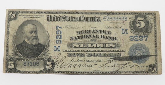 $5 National 1902 "Date Back", Mercantile Natl Bank, St Louis, CH 9297, SN E289683B, 67106, F
