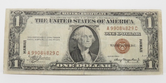$1 Silver Certificate 1935A "Hawaii", SN A99084829C, F/VF, better Serial # Block