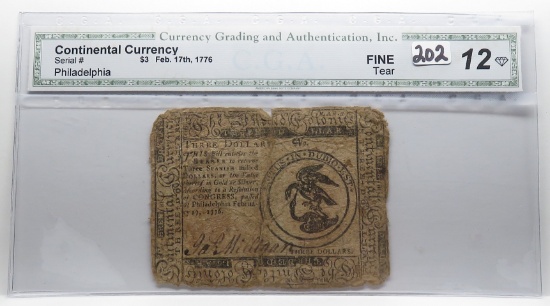 1776 Continental Currency $3 Philadelphia, CGA Fine 12 tear