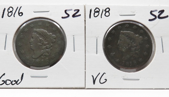 2 Classic Head Cents 1816 G & 1818 VG