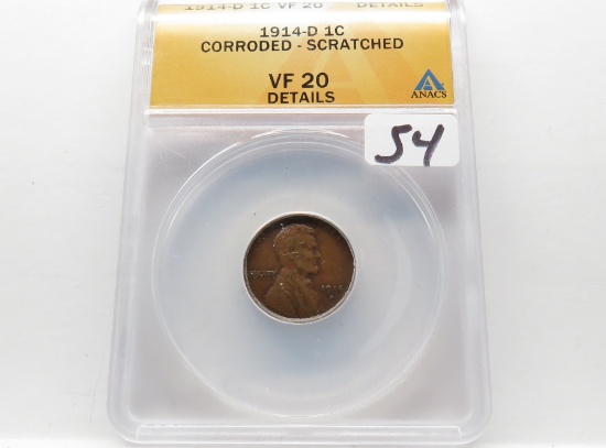 Lincoln Cent 1914-D ANACS VF20 Details, Corroded, Scratched