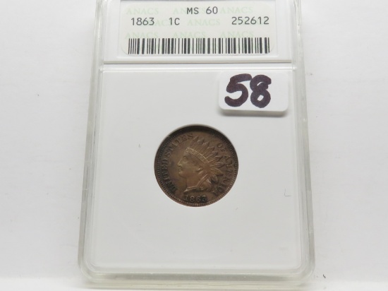 Indian Cent 1863 ANACS MS60, older holder