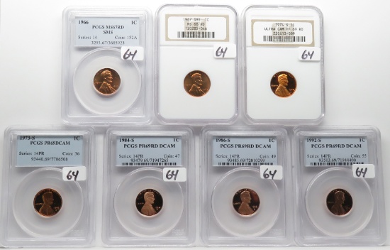 7 Certified Lincoln Cents; 1966 PCGS MS67RD SMS; 67 NGC MS68RD SMS; 74 NGC PF69 RD UC; 73-S + 84-S +