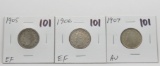 3 Liberty V Nickels: 1905 EF, 1906 EF, 1907 AU