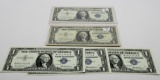 5-$1 Silver Certificates: 3-1957 CH CU Consecutive SN; 1957A STAR F; 1957A VF