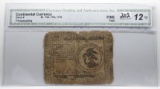 1776 Continental Currency $3 Philadelphia, CGA Fine 12 tear