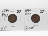 2 Indian Head Cents 1886 Variety 1 EF & Variety 2 Good