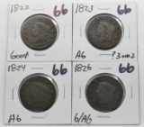 4 Large Cents: 1822 G, 1823 AG ?3/2, 1824 AG, 1826 G/AG