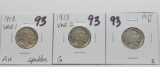 3 Buffalo Nickels: 1913 Var 1 AU speckles, 1913 Var 2 G, 1917D G