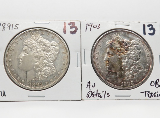 2 Morgan $: 1891S AU, 1903 AU obv toning