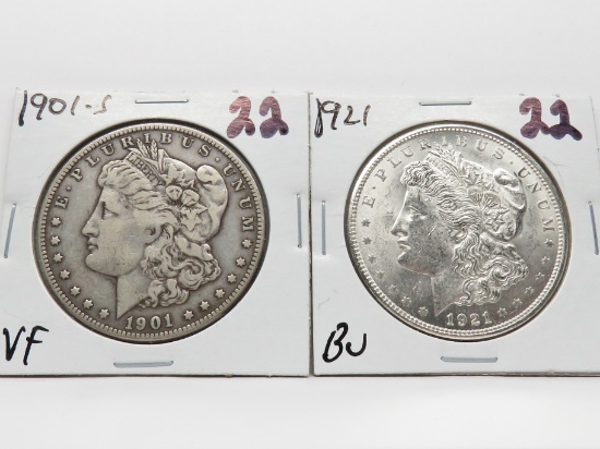 2 Morgan $: 1901S VF, 1921 BU