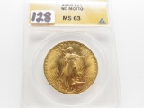 St Gaudens Gold $20 1908 No Motto ANACS MS63