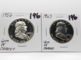 2 Franklin Half $: 1956 Gem PF Cameo+, 1963 Gem PF Cameo