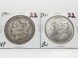 2 Morgan $: 1901S VF, 1921 BU