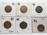 6 Two Cent Pieces avg G-VG some problems: 3-1864, 3-1865