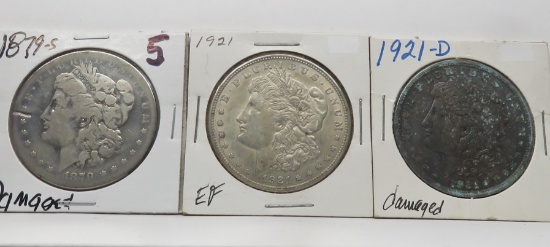 3 Morgan $: 1879S damaged, 1921 EF, 1921D damaged