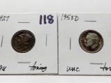2 Type Dimes:  Mercury 1927 CH AU toning, Roosevelt 1958D Unc toning