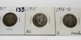 3 Barber Quarters: 1907 G, 1911 AG, 1916D G scratches
