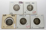 5 Barber Quarters G-VG some Cleaned: 1901, 04, 06, 07-O, 07S