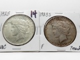 2 Peace $: 1923 Unc, 1923S F ?marks