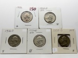 5 Washington Quarters: 1932 G, 34D VF, 36D F, 37D EF, 38S F