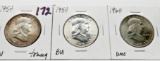 3 Franklin Half $: 1954 AU toning, 1954 BU, 1960 Unc