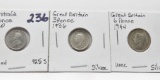 3 Silver World: 3 Pence Australia 1920 clea; 2 GB 3 Pence 1936, 6 Pence 1944