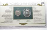 Walking Liberty Coinage on display card: Half $ 1943S, 1oz Silver Eagle 1993