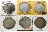 6 Peace $, cleaned/damaged: 1922, 22D, 2-22S, 23D, 23S