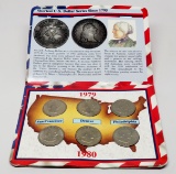 1979-1980 Complete 2 Year Unc Set Susan B Anthony $, 6 Coin Set/Littleton folder