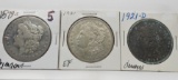 3 Morgan $: 1879S damaged, 1921 EF, 1921D damaged