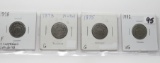 4 Shield Nickels some corrosion: 1872 F rim ding, 73 G, 75 G, 82 VG