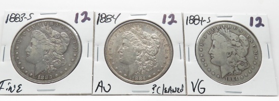 3 Morgan $: 1883S F, 1884 AU ?cleaned, 1884S VG better date